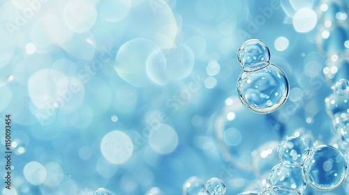 Clear water bubbles floating on a liquid light blue background