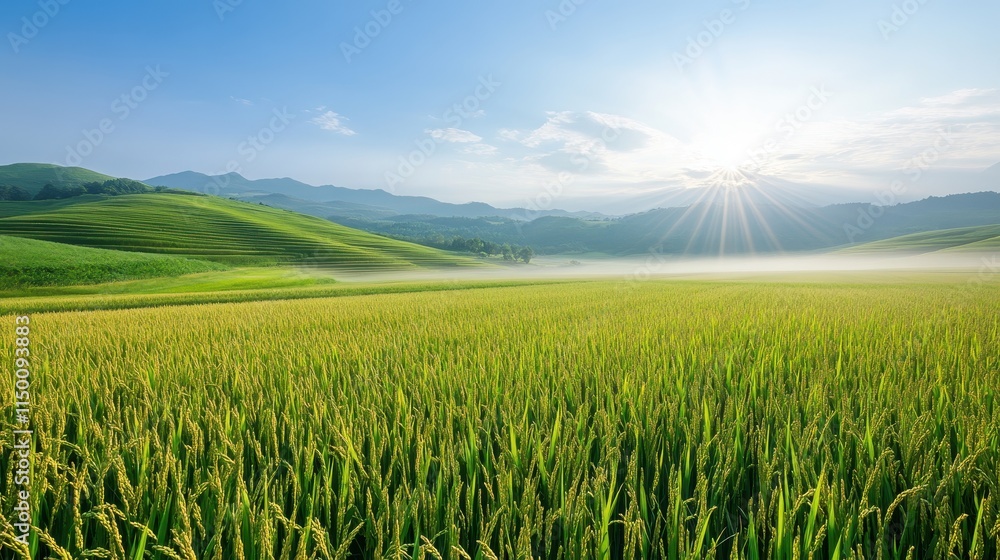 Obraz premium Lush Green Rice Fields Under Blue Sky with Sun Rays Peeking Over Mountains in Background, Capturing Tranquility and Natural Beauty of Rural Landscape