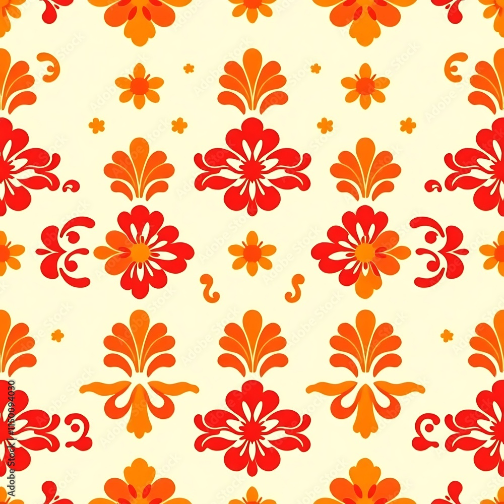 Obraz premium Orange Floral Damask Seamless Pattern: A vibrant and intricate design with a rich history, this seamless pattern features delicate orange and red floral motifs on a soft cream background.