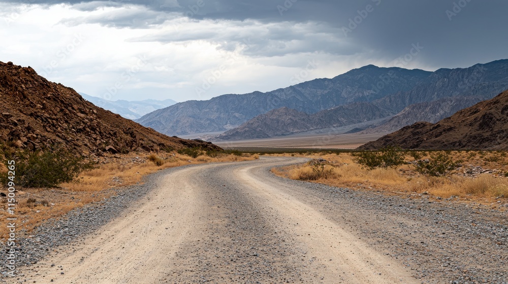 Moody Overcast Sky Above Desert Road in Remote Mountain Landscape Moody Overcast Sky Above Desert Road in Remote Mountain Landscape