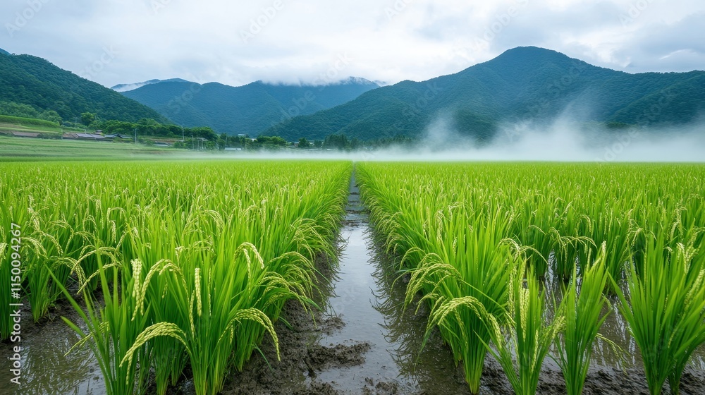 Lush Green Rice Field with Mountains in the Background Under Cloudy Sky and Mist Rising from the Ground in Early Morning Light Lush Green Rice Field with Mountains in the Background Under Cloudy Sky and Mist Rising from the Ground in Early Morning Light