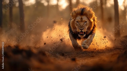 A majestic lion charges through the dusty wilderness with fierce determination, exuding power and grace amidst the natural terrain, evoking a thrilling spectacle. photo