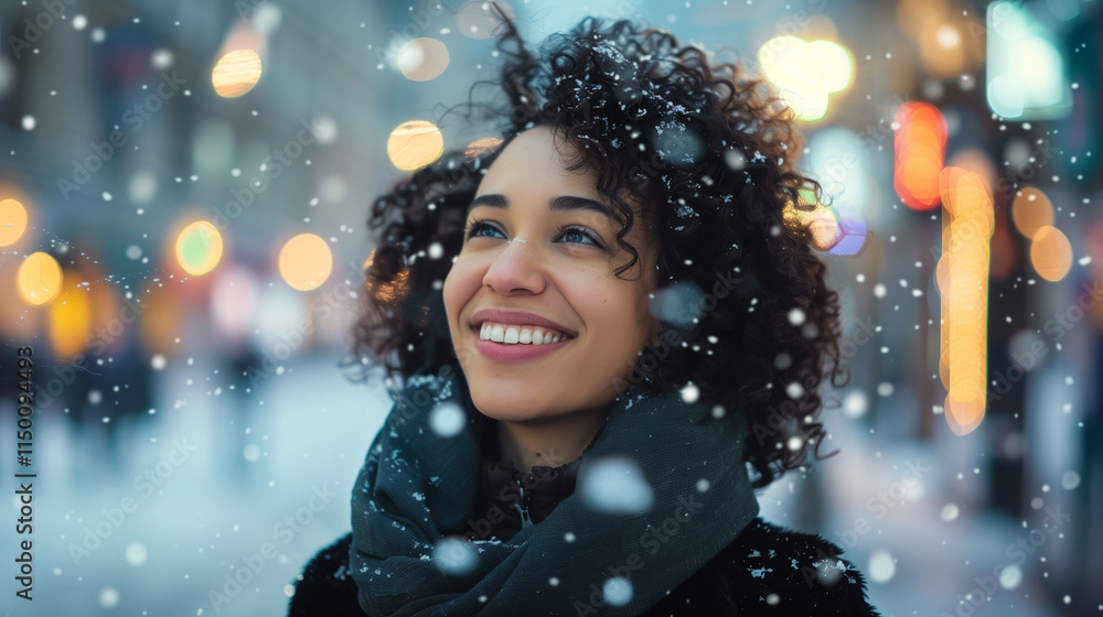 Excited positive woman wearing winter season look clothes having fun outdoor on Christmas city street on abstract bokeh light and snowflake background Excited positive woman wearing winter season look clothes having fun outdoor on Christmas city street on abstract bokeh light and snowflake background