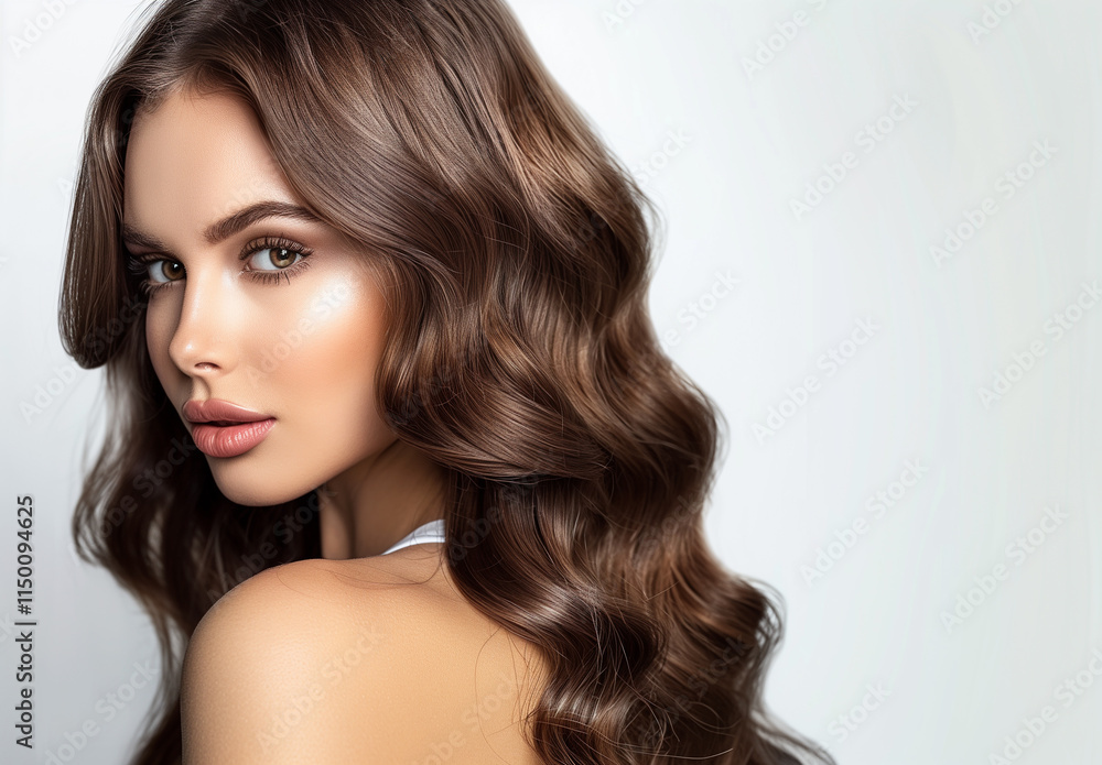 Fototapeta premium Beauty fashion portrait of glamour woman with beautiful make-up and curly long hair. Hair care, cosmetic, style and elegance concept
