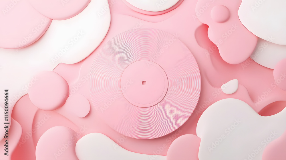 Fototapeta premium 3D vinyl record illustration with a soft pink label, showcasing vintage music themes Isolated on white background