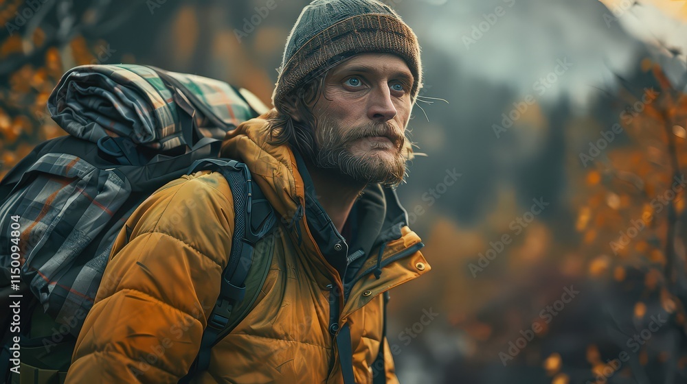 Obraz premium Close-up of a man backpacking in remote wilderness, carrying gear and supplies for an extended outdoor expedition. 