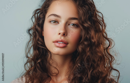 Happy fashion model woman with long healthy shiny silky brown hair, studio portrait