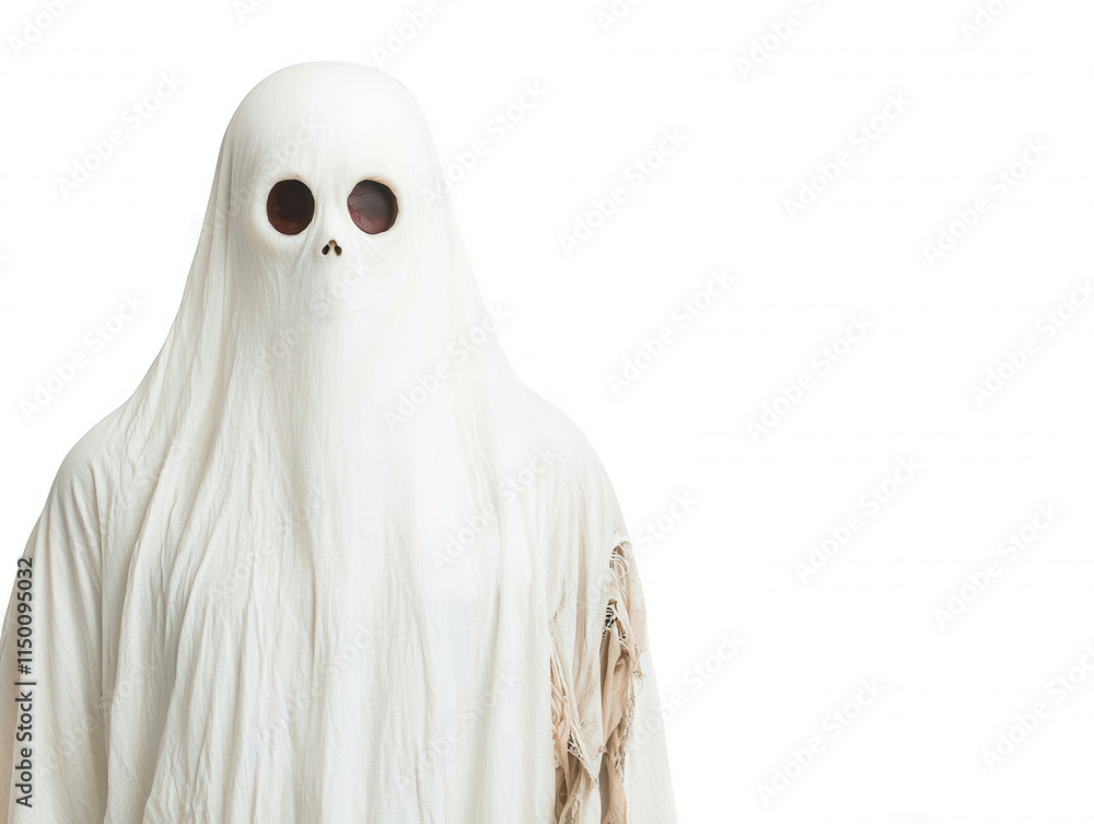 Ethereal and Haunting Ghost Figure Draped in White Fabric with Hollow Eyes for Halloween and Supernatural Themes, Isolated on Black Background Ethereal and Haunting Ghost Figure Draped in White Fabric with Hollow Eyes for Halloween and Supernatural Themes, Isolated on Black Background