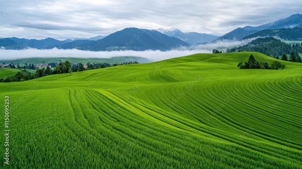 Lush Green Rice Fields with Rolling Hills Under a Cloudy Sky and Majestic Mountains in the Background, Capturing Tranquility and Natural Beauty of Agriculture Lush Green Rice Fields with Rolling Hills Under a Cloudy Sky and Majestic Mountains in the Background, Capturing Tranquility and Natural Beauty of Agriculture