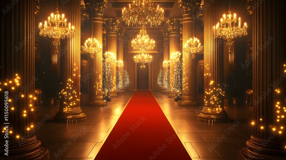 Fototapeta premium A luxurious mansion decorated with crystal chandeliers golden accents and an elegant red carpet for a Hollywood-themed party.