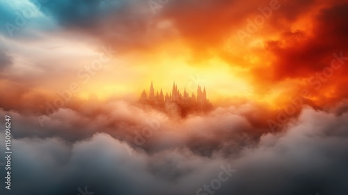 A majestic castle piercing through colorful ethereal clouds, beautifully illuminated by a radiant sunset, creating a fairytale-like, dreamscape atmosphere. photo