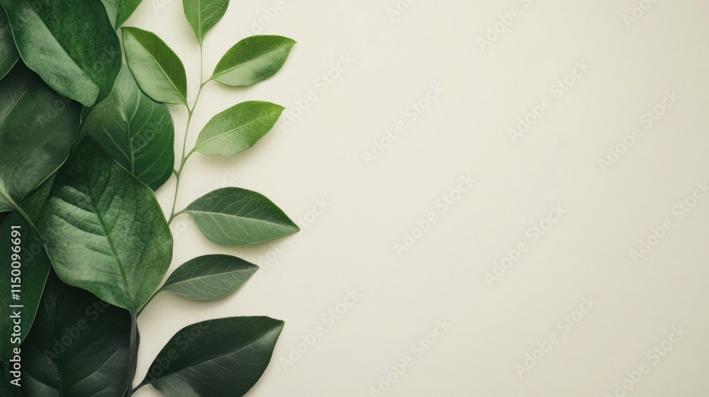 Lush green leaves arranged on a white background, leaving ample copy space. Lush green leaves arranged on a white background, leaving ample copy space.