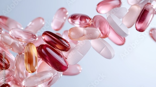 A collection of pink, red, and translucent capsules and tablet forms float elegantly, radiating a sense of serenity and fragility in a soft, ethereal space. photo