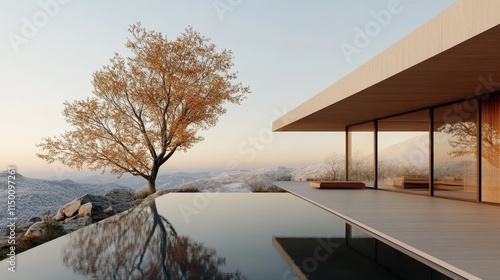 A minimalist design showcases a sleek pool and lounge area framed by an autumn-colored tree against a crystal-clear sky, capturing elegance in simplicity. photo