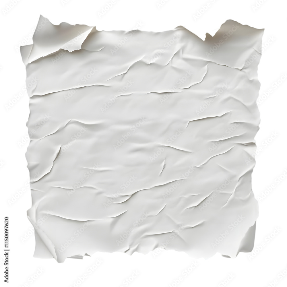 Obraz premium A wrinkled, textured piece of white paper with torn edges, suitable for notes or art.
