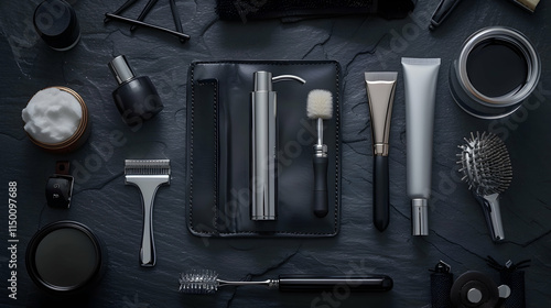 Stylish Hair Care and Beauty Products on Dark Stone Surface