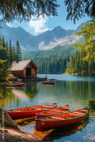 Canoes docked at a tranquil lake with a wooden cabin and mountains in the background on a sunny day photo