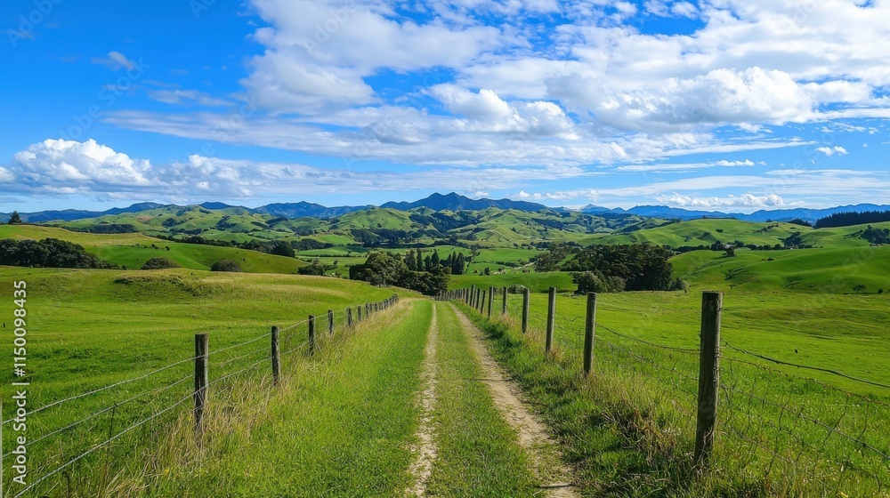 slow life relaxation concept. Lush green landscape with a dirt path leading through fields and mountains under a blue sky with clouds. slow life relaxation concept. Lush green landscape with a dirt path leading through fields and mountains under a blue sky with clouds.