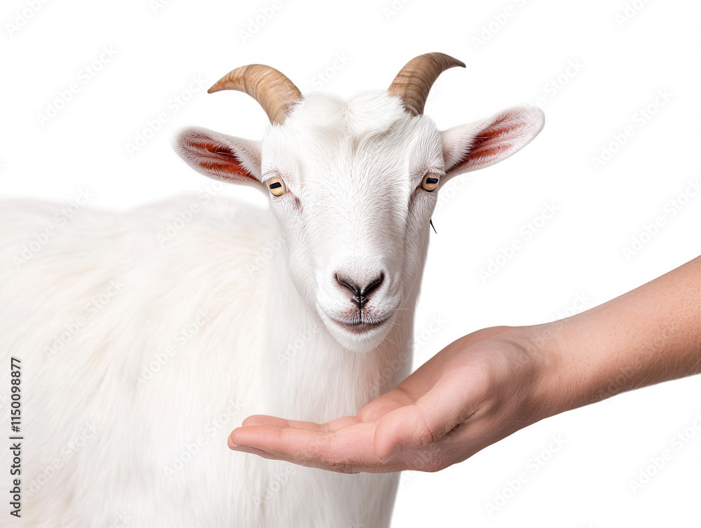 Friendly White Goat Approaches Outstretched Hand with Curiosity in a Bright Studio Environment, Capturing the Bond Between Humans and Animals Friendly White Goat Approaches Outstretched Hand with Curiosity in a Bright Studio Environment, Capturing the Bond Between Humans and Animals