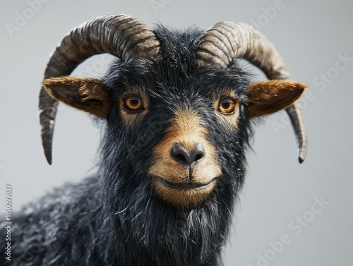 A realistic depiction of a goat with distinct features and expressive eyes. photo