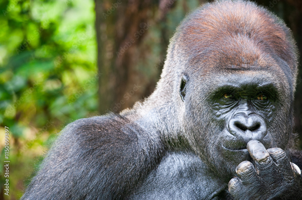 Fototapeta premium Lowland Silverback Gorilla Starring in thinking mode.