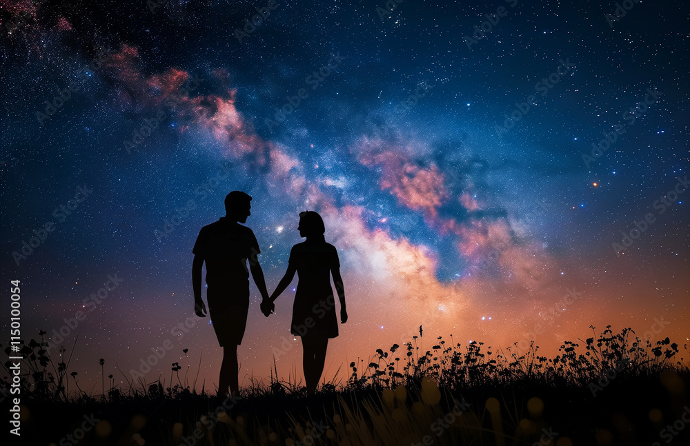 Silhouetted two people stargazing under beautiful night sky. Silhouetted two people stargazing under beautiful night sky.