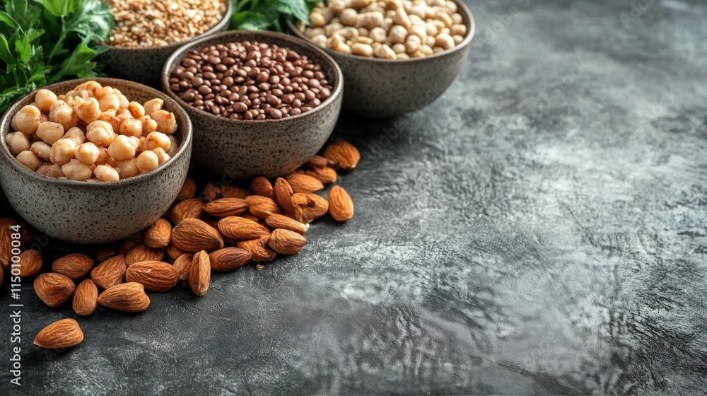 Various nuts and seeds arranged in bowls on a dark countertop with fresh herbs Various nuts and seeds arranged in bowls on a dark countertop with fresh herbs
