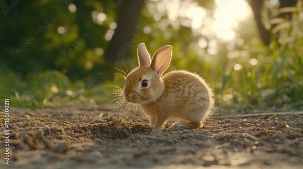 Fototapeta premium A small rabbit exploring a sunlit, grassy area, showcasing nature's beauty.