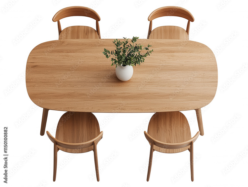 custom made wallpaper toronto digitalModern wooden dining table with minimalistic chairs and a potted plant centerpiece, showcasing contemporary interior from an overhead perspective