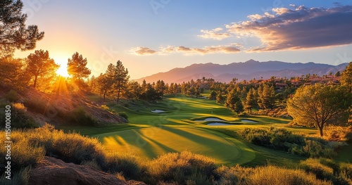 Stunning sunset over a golf course with vibrant skies and palm trees