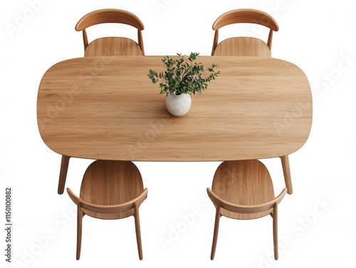 Wallpaper Mural Modern wooden dining table with minimalistic chairs and a potted plant centerpiece, showcasing contemporary interior from an overhead perspective Torontodigital.ca
