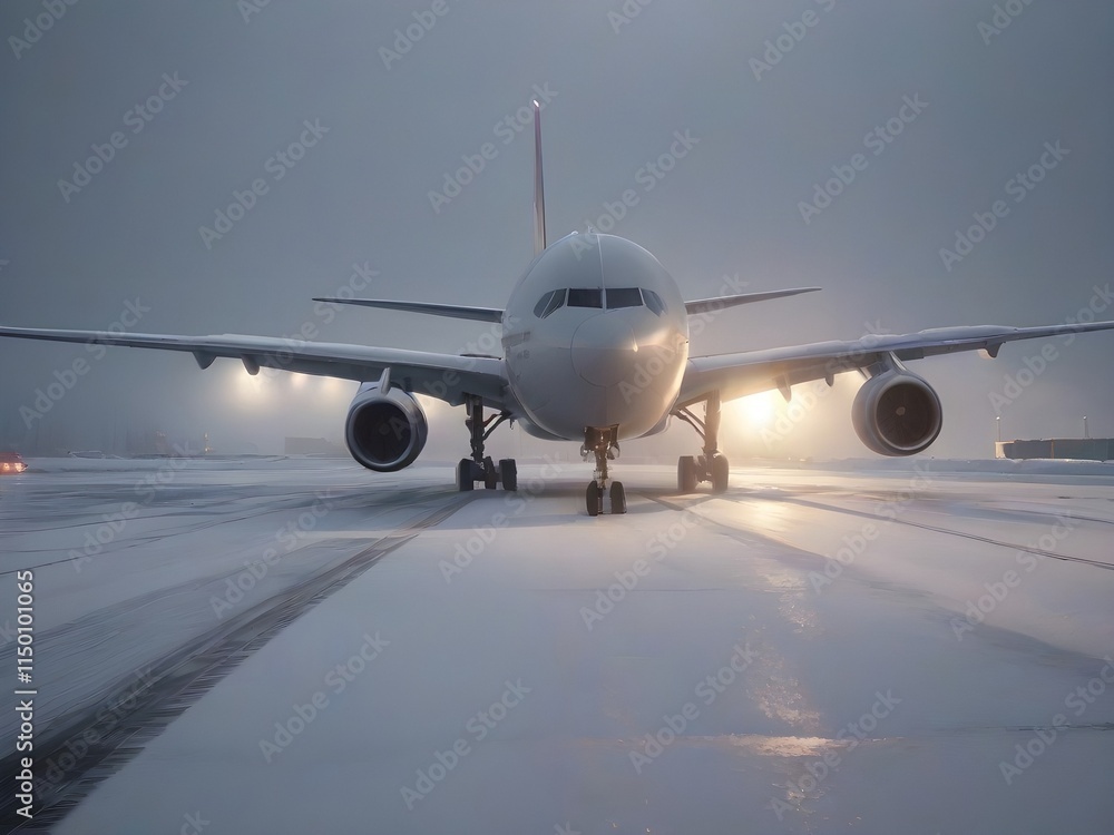 Airliner on runway in blizzard. Aircraft during taxiing at heavy snow. Passenger plane in snow at airport Airliner on runway in blizzard. Aircraft during taxiing at heavy snow. Passenger plane in snow at airport