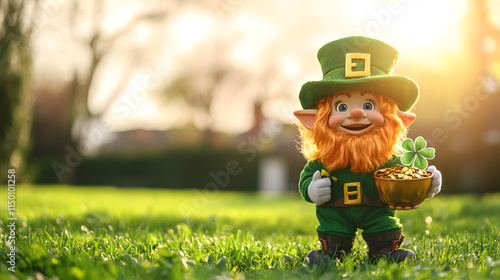 A friendly leprechaun character entertaining children during a St. Patricks Day event holding a pot of gold and a shamrock. photo