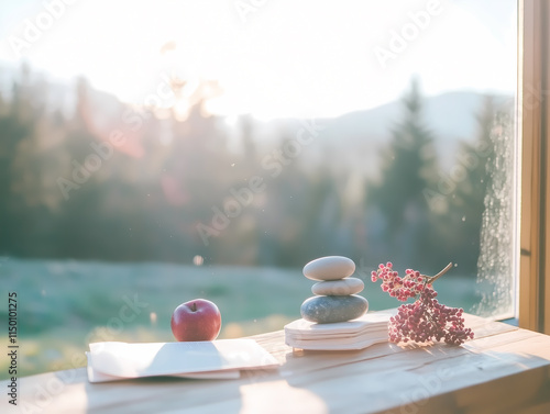 Une pomme rouge, des pierres empilées et une branche de baies sur une table en bois photo