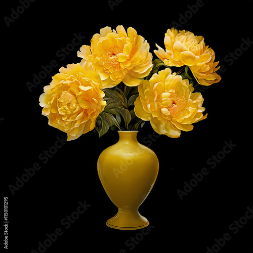 Yellow porcelain vase with yellow flowers isolated on black background
