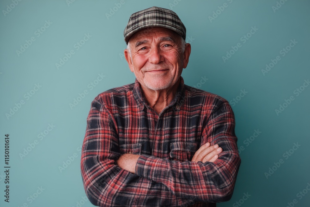 Elderly man in checkered shirt and cap smiles warmly against a blue background Elderly man in checkered shirt and cap smiles warmly against a blue background