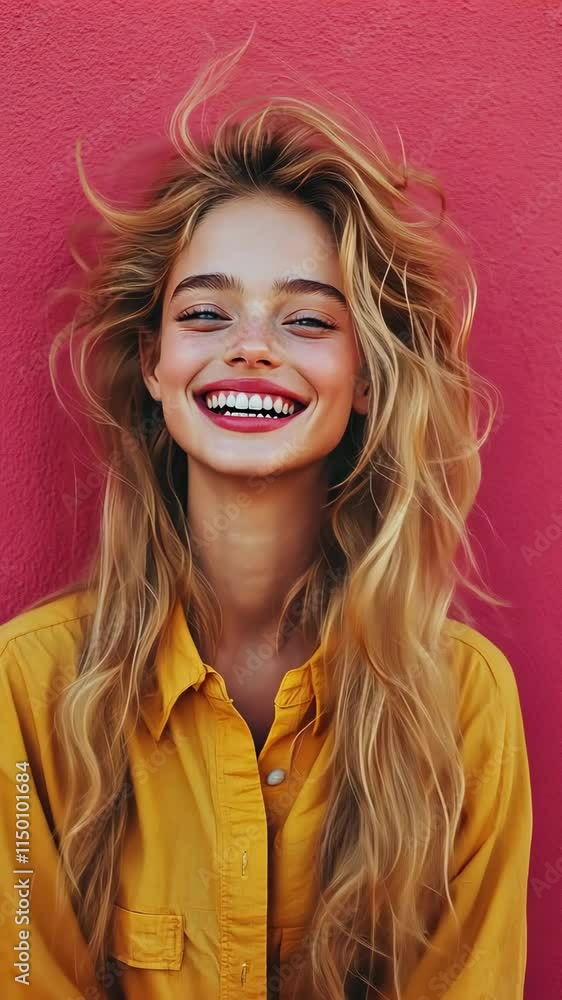 Smiling woman with long hair posed against a vibrant pink wall during a sunny day in an urban setting