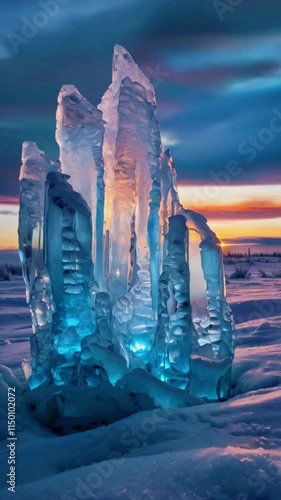 A frozen tundra with glowing ice formations that capture and scatter the sunrise into dazzling rainbows. Mythical ice creatures awaken as the ligh, 4k High-Quality Wallpaper Background Animation Video photo