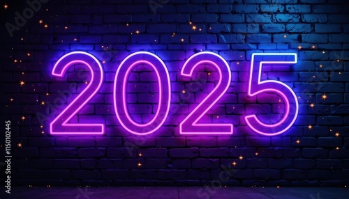 New Year Neon Dark Brick Wall Display Featuring 2025 Glow photo