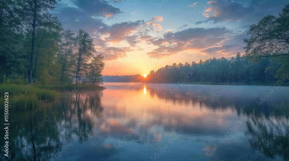 Fototapeta premium Serene sunrise over calm lake, trees reflected.