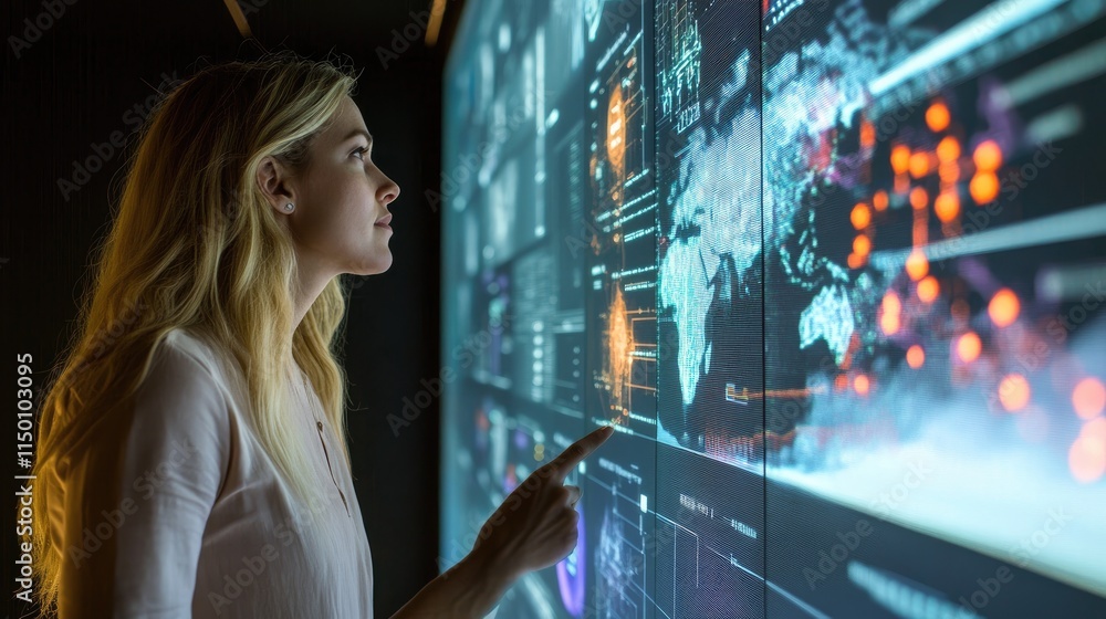 Woman Interacting with Futuristic Global Data Visualization Screen Woman Interacting with Futuristic Global Data Visualization Screen