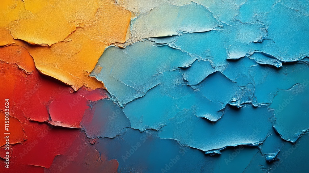 A vibrant abstract texture featuring layers of orange, red, and blue paint, showcasing intricate patterns and a dynamic color contrast.