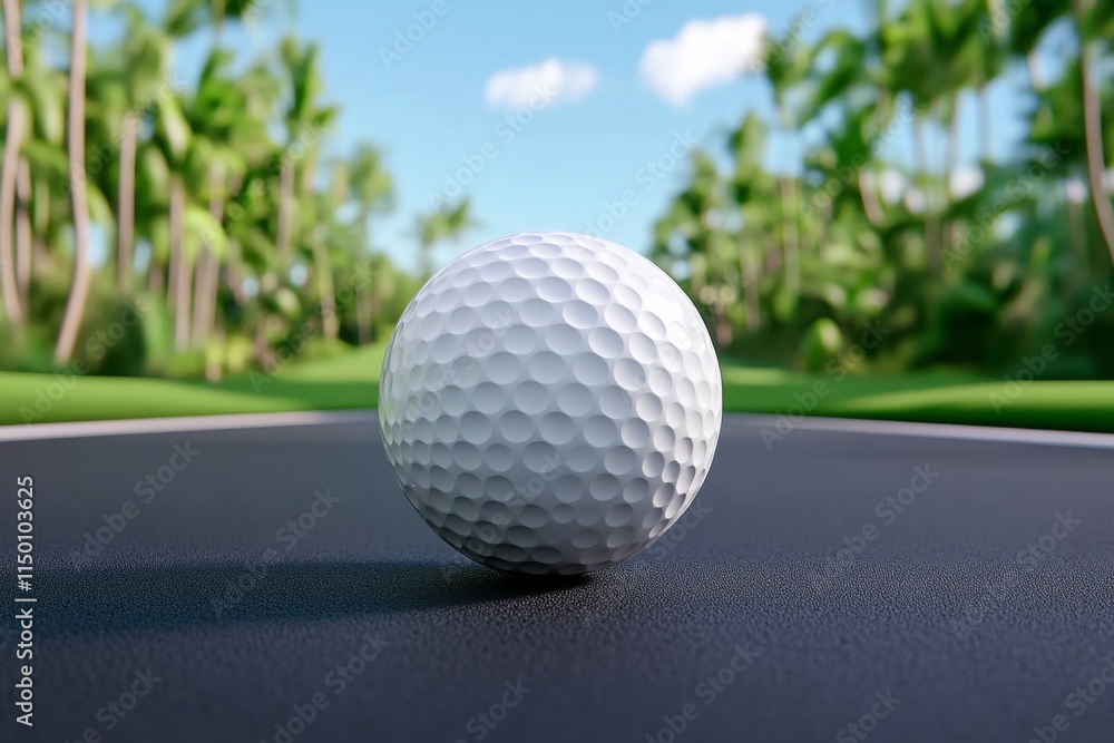 A 3D-rendered golf ball mid-flight, surrounded by dynamic motion trails, with a vibrant, ultra-realistic golf course in the background A 3D-rendered golf ball mid-flight, surrounded by dynamic motion trails, with a vibrant, ultra-realistic golf course in the background