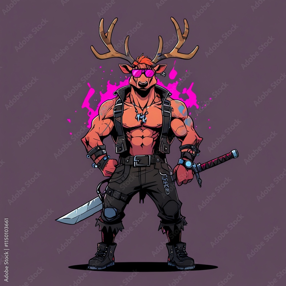 Badass Deer with a Katana: A fierce, muscular deer in biker gear wielding a katana, showcasing a bold and rebellious style. Badass Deer with a Katana: A fierce, muscular deer in biker gear wielding a katana, showcasing a bold and rebellious style.