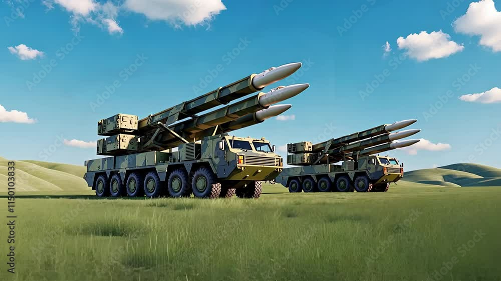 Military Missile Launch Vehicles Parked on Grass Field Under Blue Sky in a Strategic Outdoor Setting
Military Missile Launch Vehicles Parked on Grass Field Under Blue Sky in a Strategic Outdoor Setting