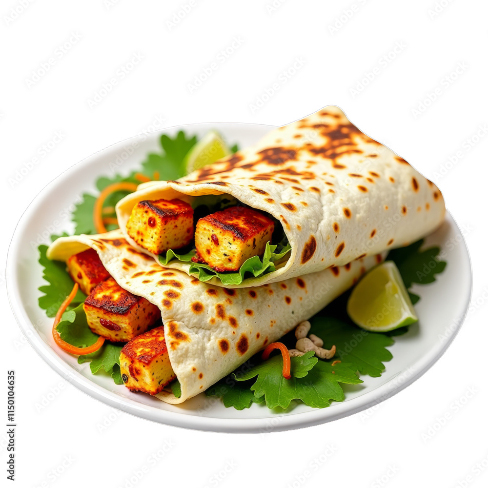 Fresh taco wraps filled with grilled tofu and topped with lime wedges on a green leafpatterned plate Fresh taco wraps filled with grilled tofu and topped with lime wedges on a green leafpatterned plate