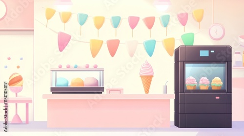 Pastel ice cream parlor interior with counter, display case, and ice cream maker.