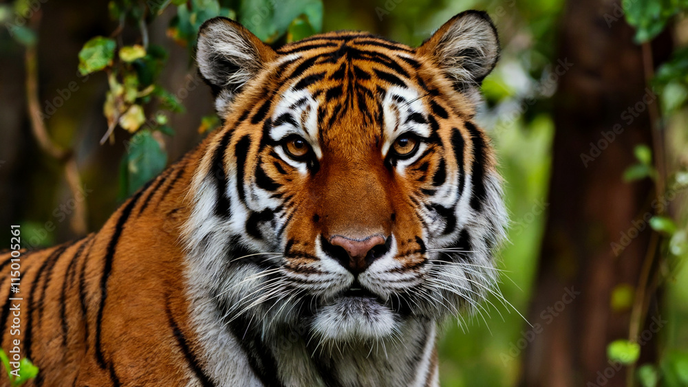 A detailed portrait of a tiger, emphasizing its captivating gaze and the intricate stripes of its coat. A detailed portrait of a tiger, emphasizing its captivating gaze and the intricate stripes of its coat.