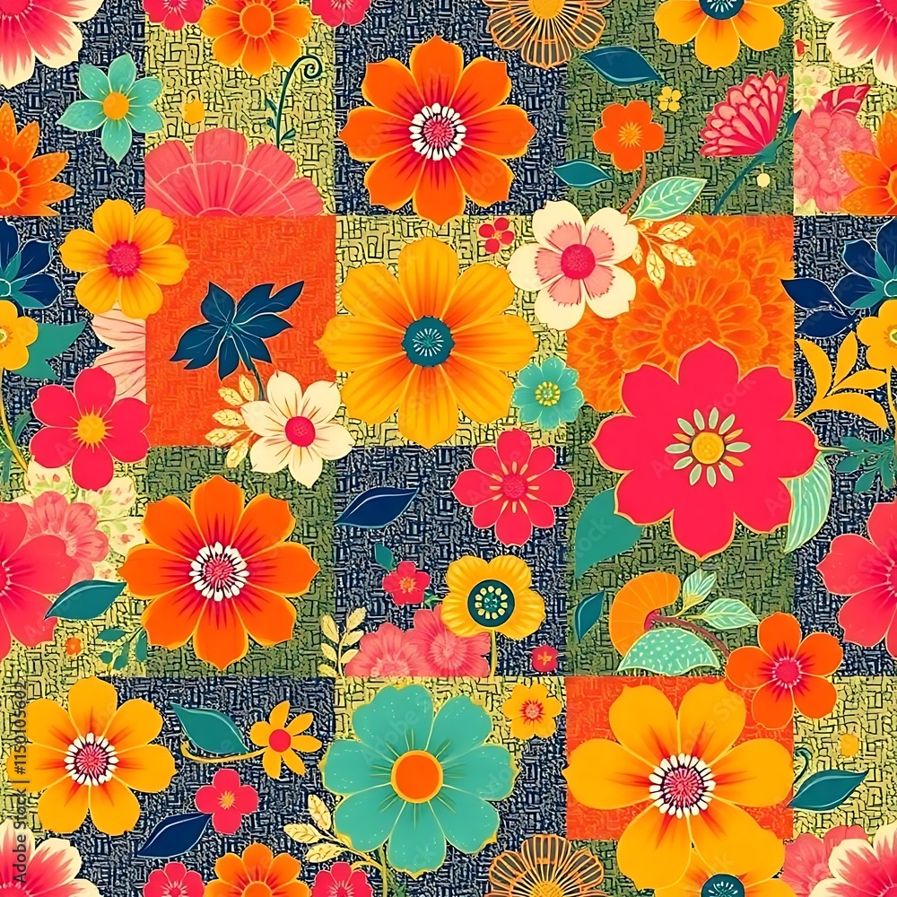 Vibrant Floral Patchwork: A captivating seamless pattern of bright, multicolored flowers arranged in a patchwork design. Perfect for textile prints, fashion, and home decor. Vibrant Floral Patchwork: A captivating seamless pattern of bright, multicolored flowers arranged in a patchwork design. Perfect for textile prints, fashion, and home decor.