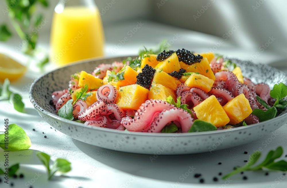 Vibrant seafood salad with octopus, mango, and caviar served in a white bowl Vibrant seafood salad with octopus, mango, and caviar served in a white bowl